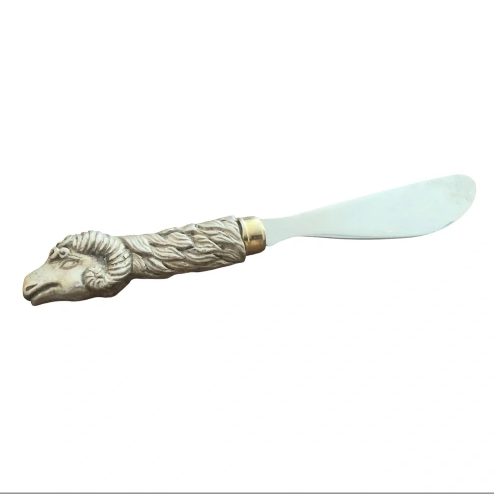 Vintage Ram Handle Pewter and Silver Plated Butter Knife‎ or Cheese Spreader